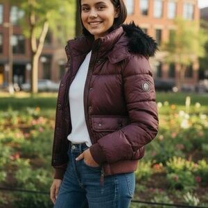 Y2K Abercrombie & Fitch Maroon Bomber Puffer Jacket Woman Medium fleece lined